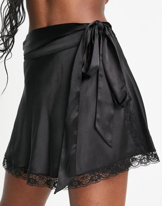 Inspired wrap mini skirt with lace trim