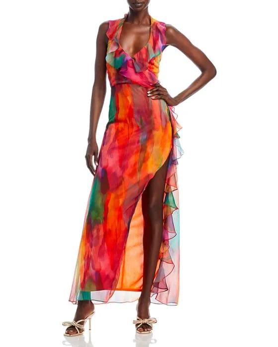 Itunu Watercolor Print Ruffle Maxi Dress