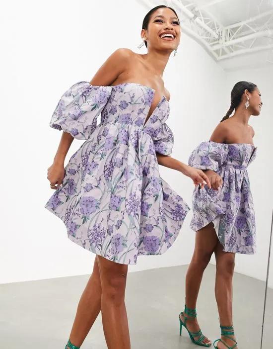 jacquard off the shoulder volume sleeve mini dress in purple floral print