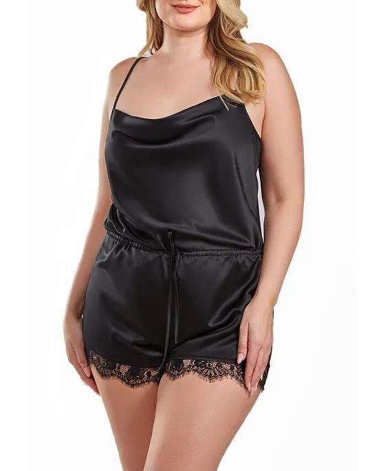 Jeanie Plus Size Satin Romper with Front Drape and Floral Eyelash Lace Trim