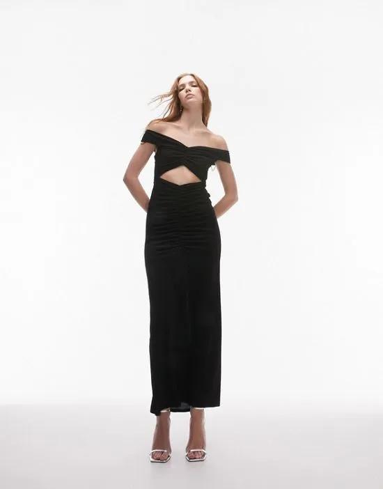 jersey bandeau ruched midi dress in black