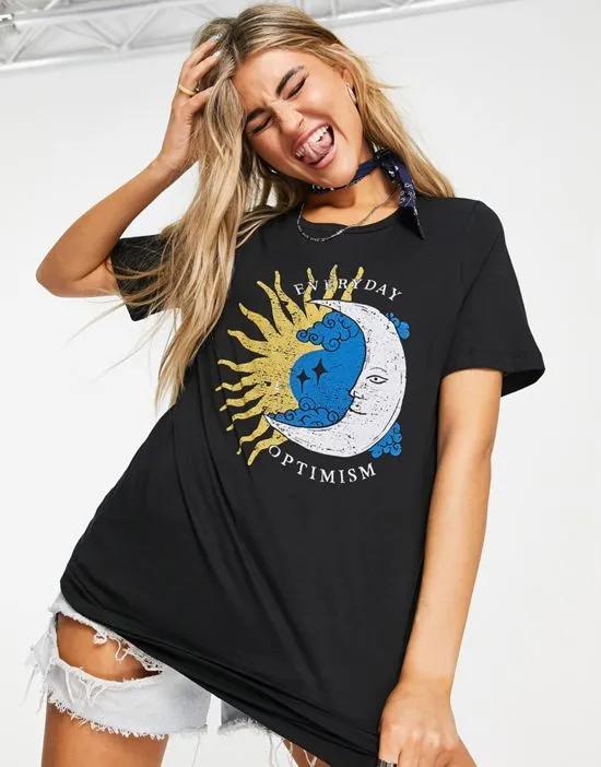 jersey short sleeve t-shirt dress with astrology graphic print in black
