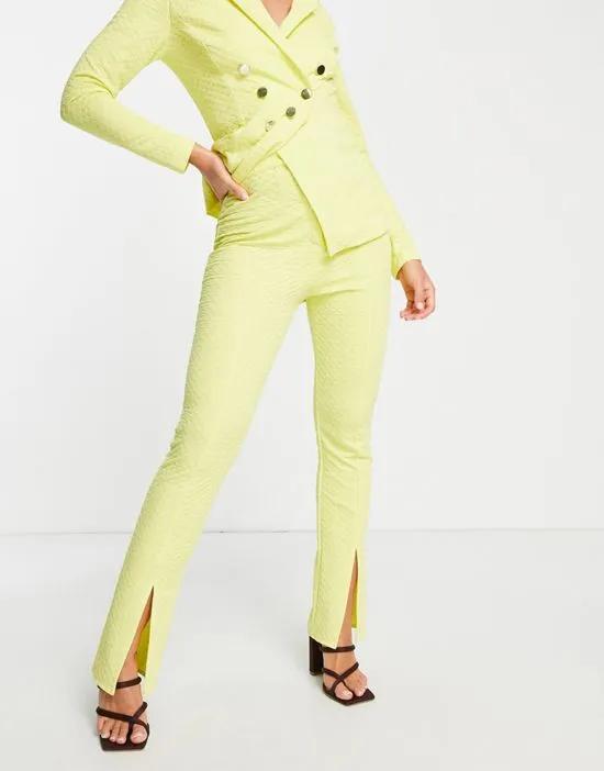 jersey textured slim suit pants with split front in yellow