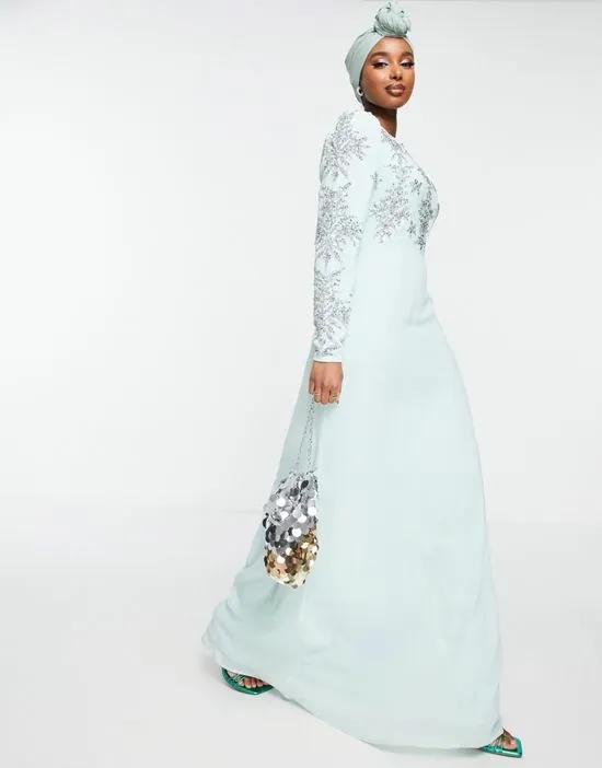 jewel embellished maxi dress in aqua blue