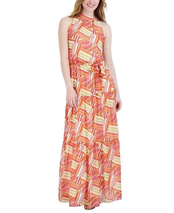 julia jordon Women's Printed Mock-Neck Tier Maxi Dress