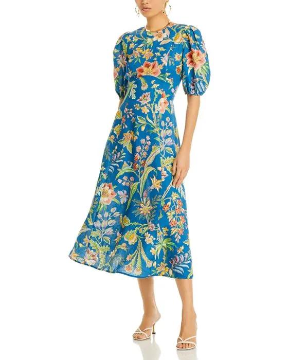 June Linen Puff Sleeve Midi Dress