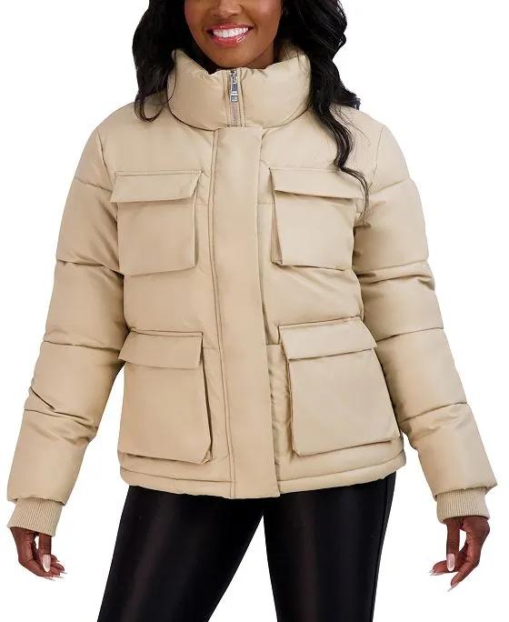 Juniors' Faux-Leather Puffer Coat