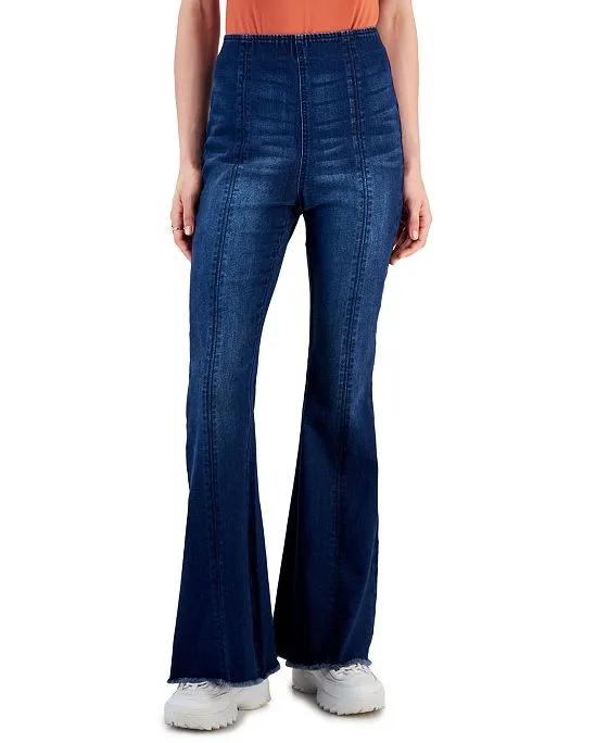 Juniors' Seamed Frayed-Hem High-Waist Pull-On Denim Jeans