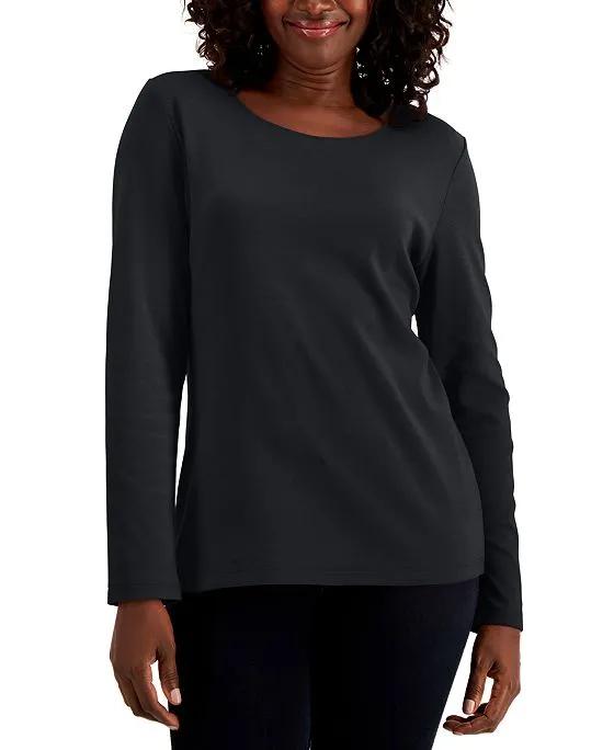 Karen Scott Long Sleeve Cotton Scoop-Neckline Top, Created for Macy's