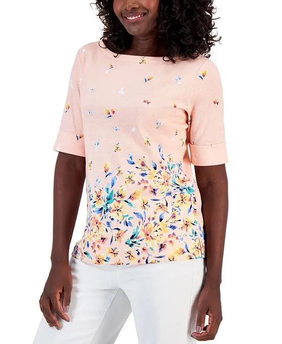 Karen Scott Women's Tulerie Dream Printed Elbow-Sleeve Top, Created for Macy's