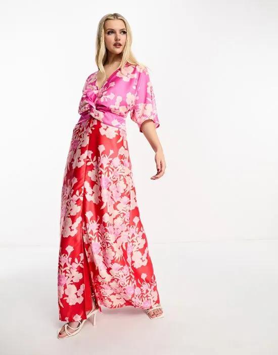 kimono sleeve contrast floral maxi dress in pink and red