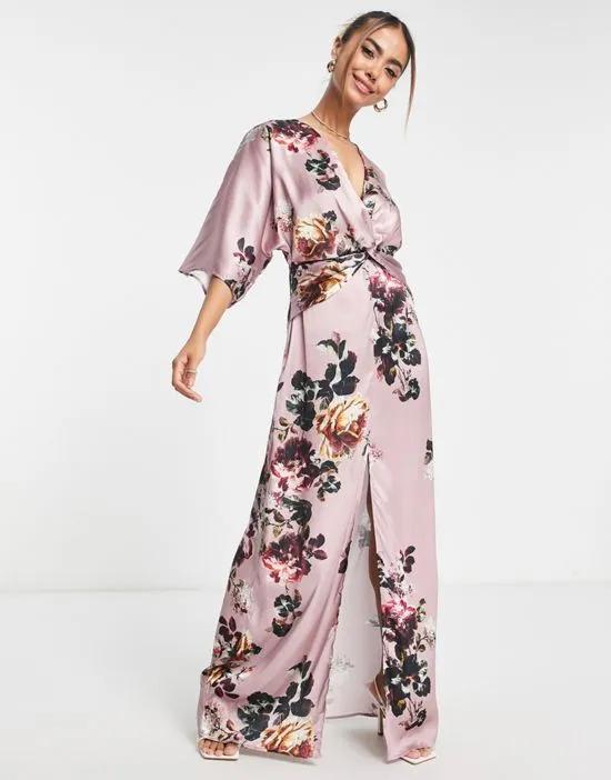 kimono sleeve satin maxi dress in mauve