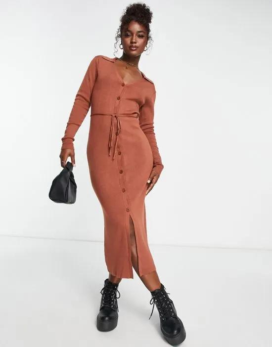 knit midi dress with open collar and tie waist in brown