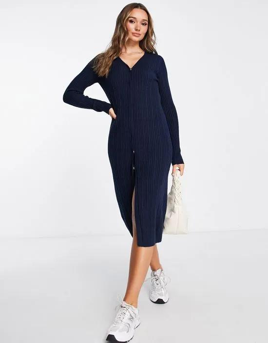 knit midi dress with snap front in navy