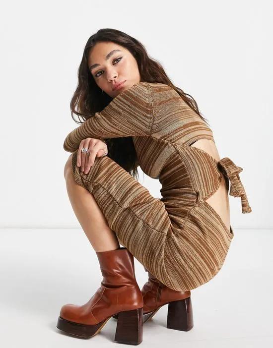 knit midi dress with tie back detail in brown