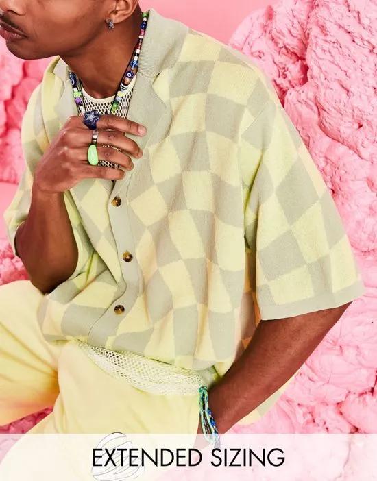 knit oversized button up polo with lime green checkerboard