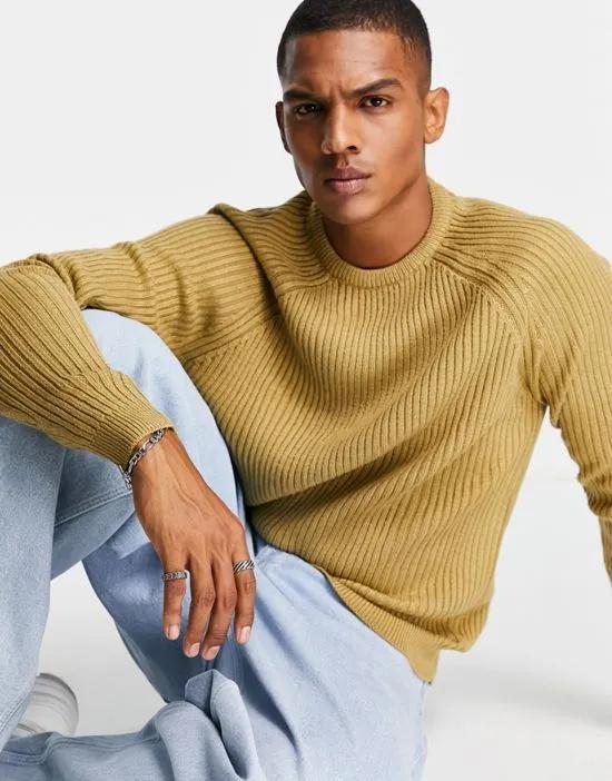 knit rib crew neck sweater in tan