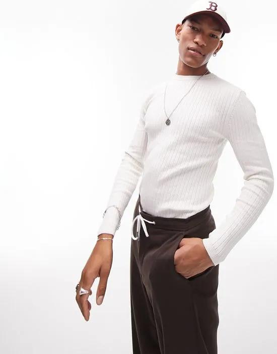 knit ribbed crewneck sweater in ecru