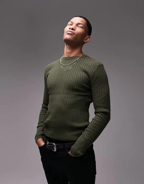 knit ribbed crewneck sweater in khaki