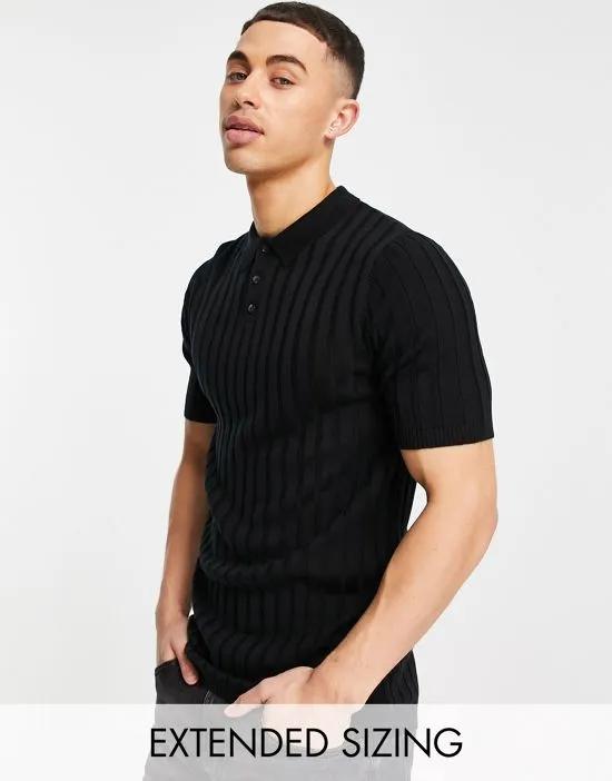 knit ribbed polo shirt in black
