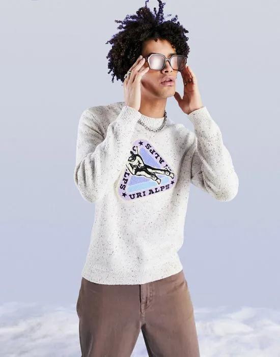 knit speckled yarn sweater with ski applique
