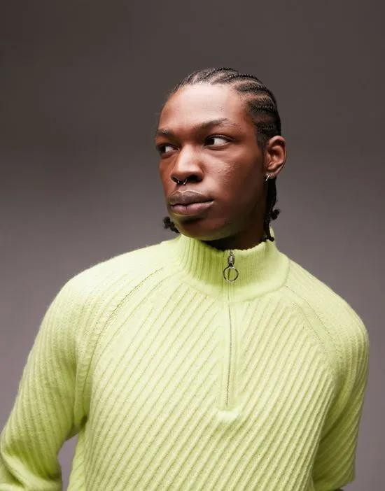 knitted 1/4 zip with texture in green