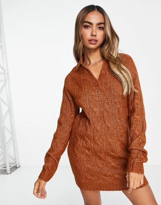 knitted cable mini dress with open collar in orange