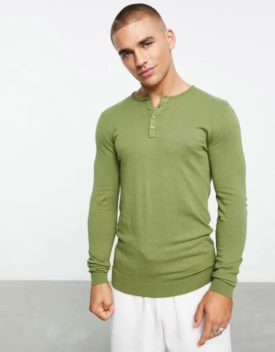 knitted cotton grandad polo in khaki