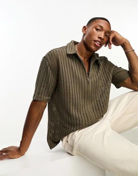 knitted front zip shirt in brown