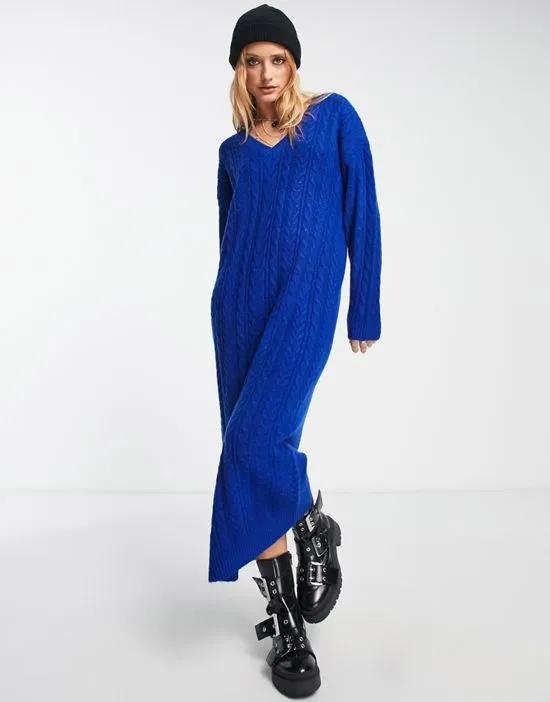 knitted maxi sweater dress in cable in blue