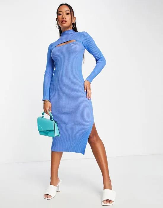 knitted midi dress with cut out in blue