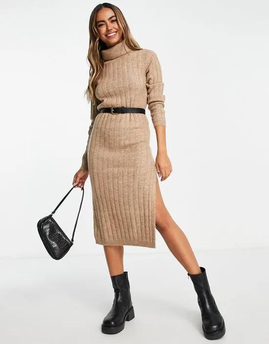 knitted midi dress with roll neck in taupe