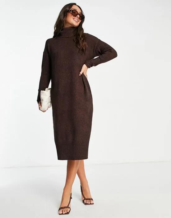 knitted rib sleeve maxi dress in chocolate brown