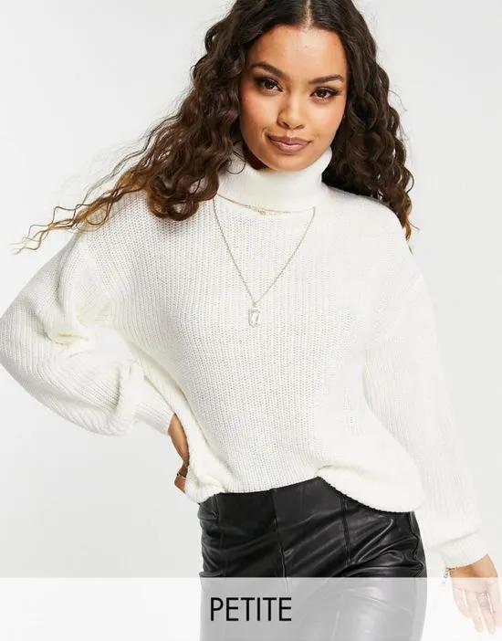 knitted roll neck top with volume sleeves in white