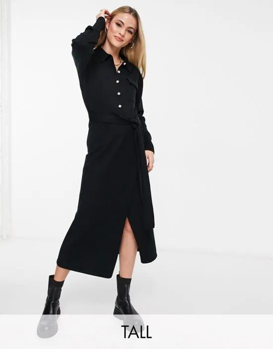knitted shirt midi dress in black