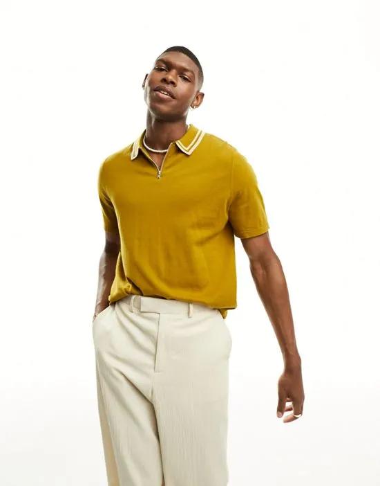 knitted short sleeve zip top polo in mustard