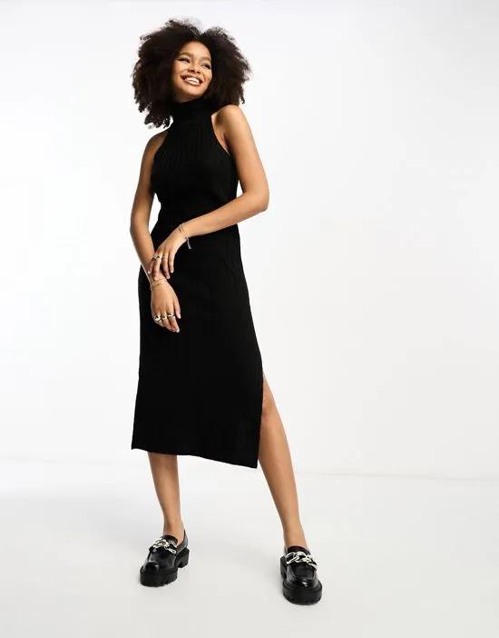 knitted sleeveless midi dress with roll neck in black