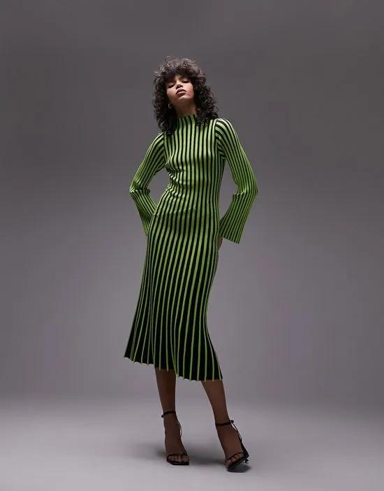knitted stripe long sleeve midi dress in lime