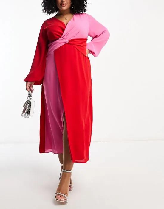 knot front contrast maxi dress in pink and red