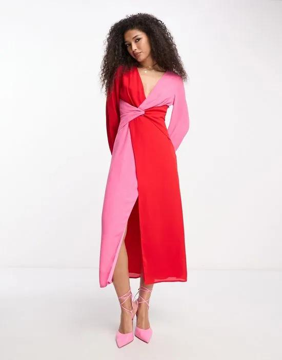 knot front contrast midaxi dress in pink and red