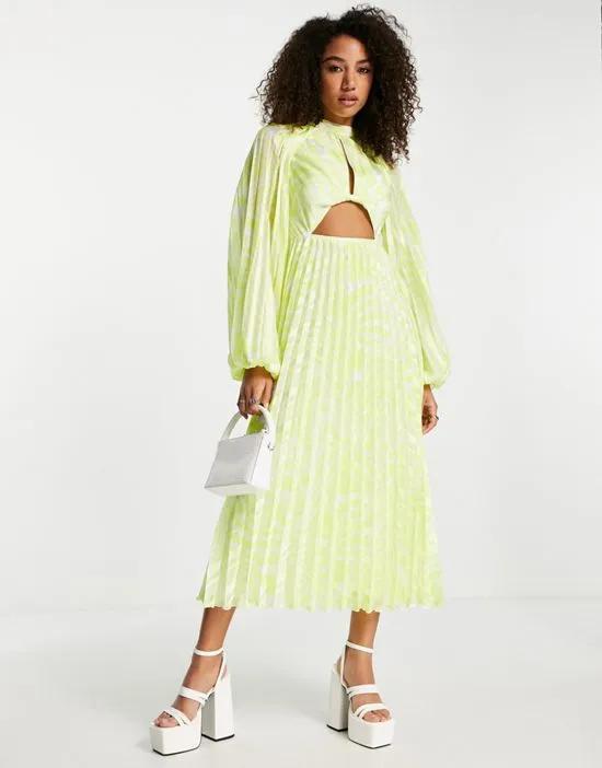 knot front high neck cutout pleated midi dress in yellow textured stripe