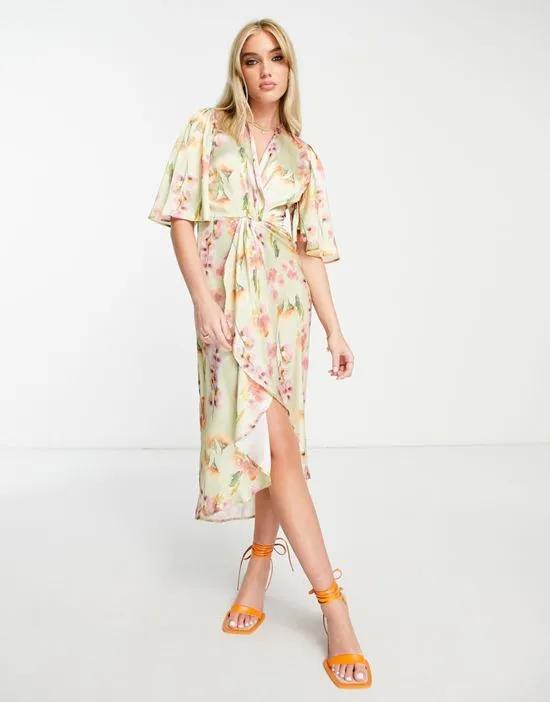 knot front midi dress in sage floral