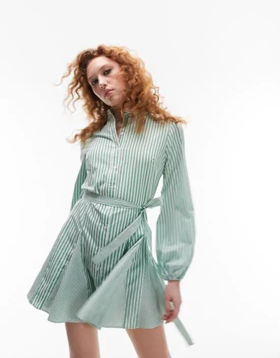 knot front mini shirt dress in green and white stripe