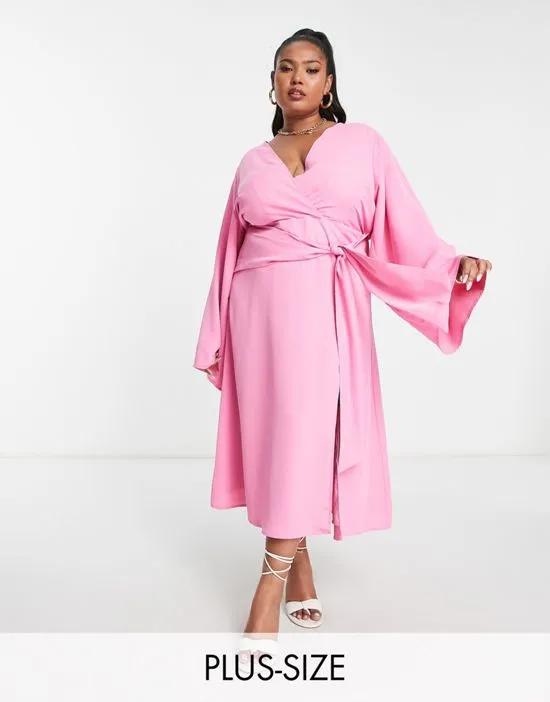 knot front plunge midaxi dress in pink