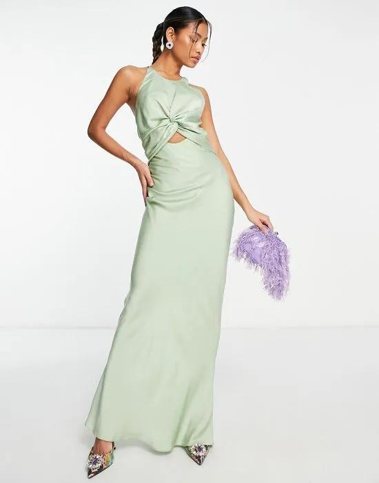 knot front satin maxi dress with tie back detail in sage
