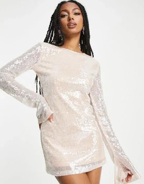 Kyo The Brand sequin high neck flare sleeve mini dress in taupe