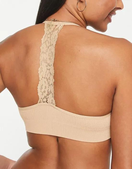 lace back seamless bra in tan