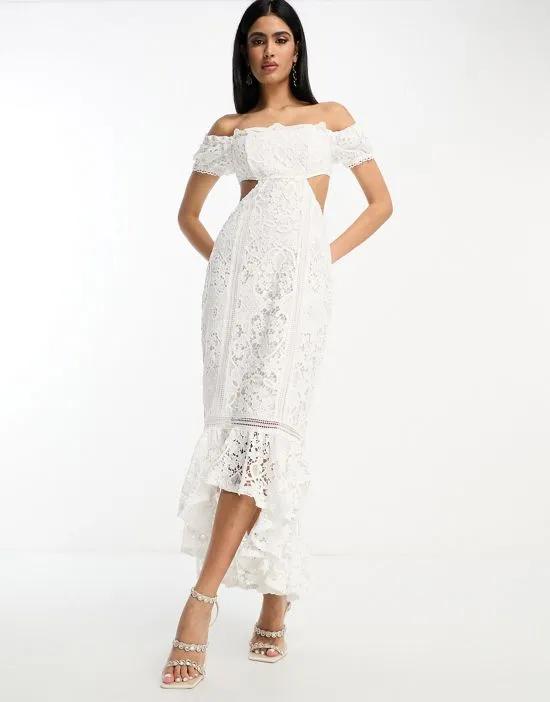 lace bardot cut out maxi dress with frill hem in white