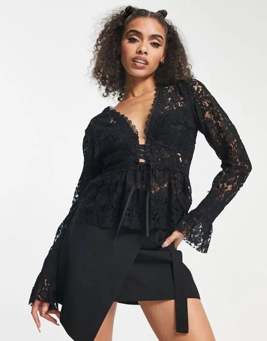 lace corset top with long sleeve & lace-up detail in black