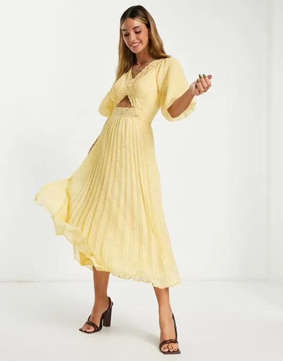 lace insert cut out textured pleated midi dress in lemon yellow